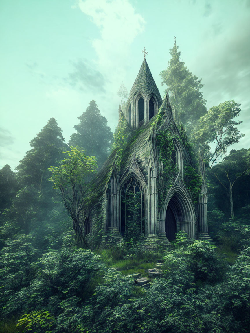 Abandoned Gothic church engulfed by foliage in misty forest