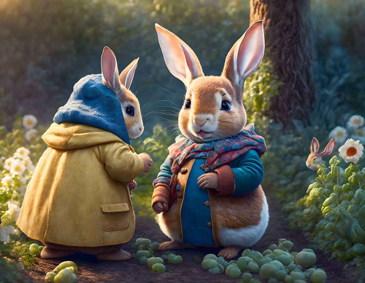 Anthropomorphic rabbits holding hands in magical forest glade