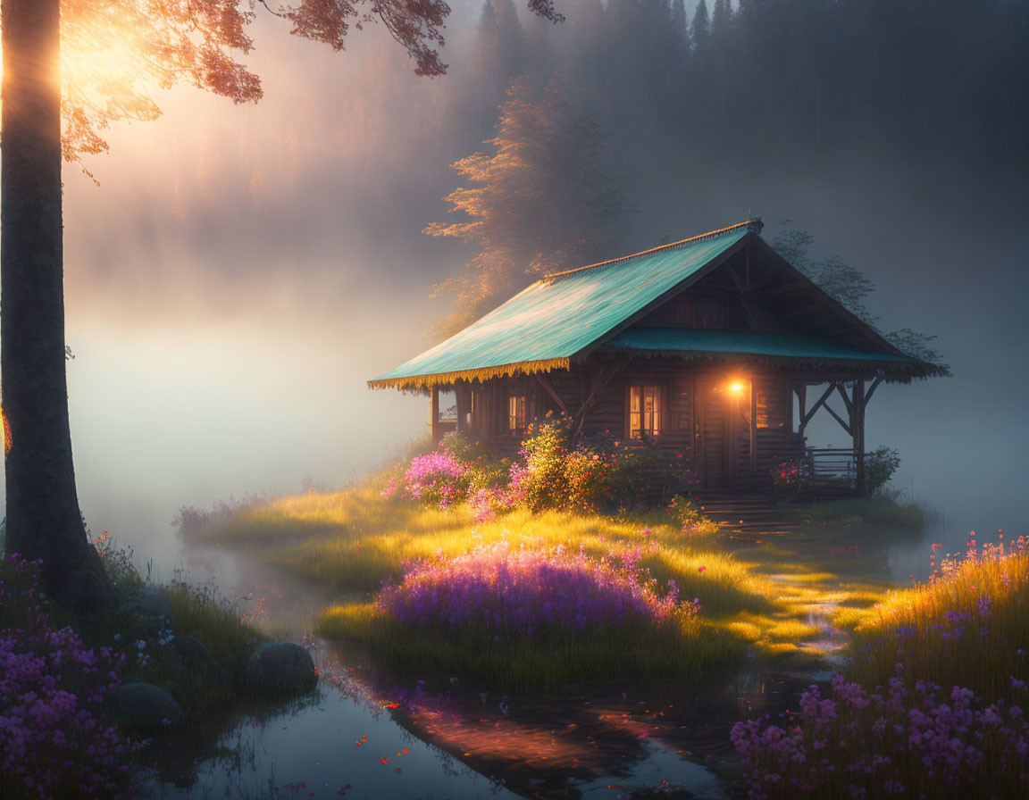 Tranquil Cabin in Misty Forest Glade with Wildflowers