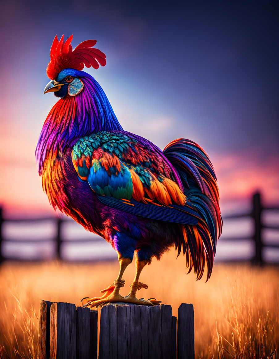 Vibrant sunset scene featuring colorful rooster on fence post