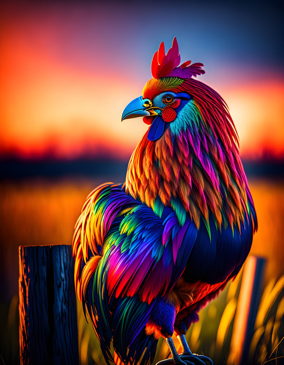 Colorful rooster on fence at sunset with fiery sky