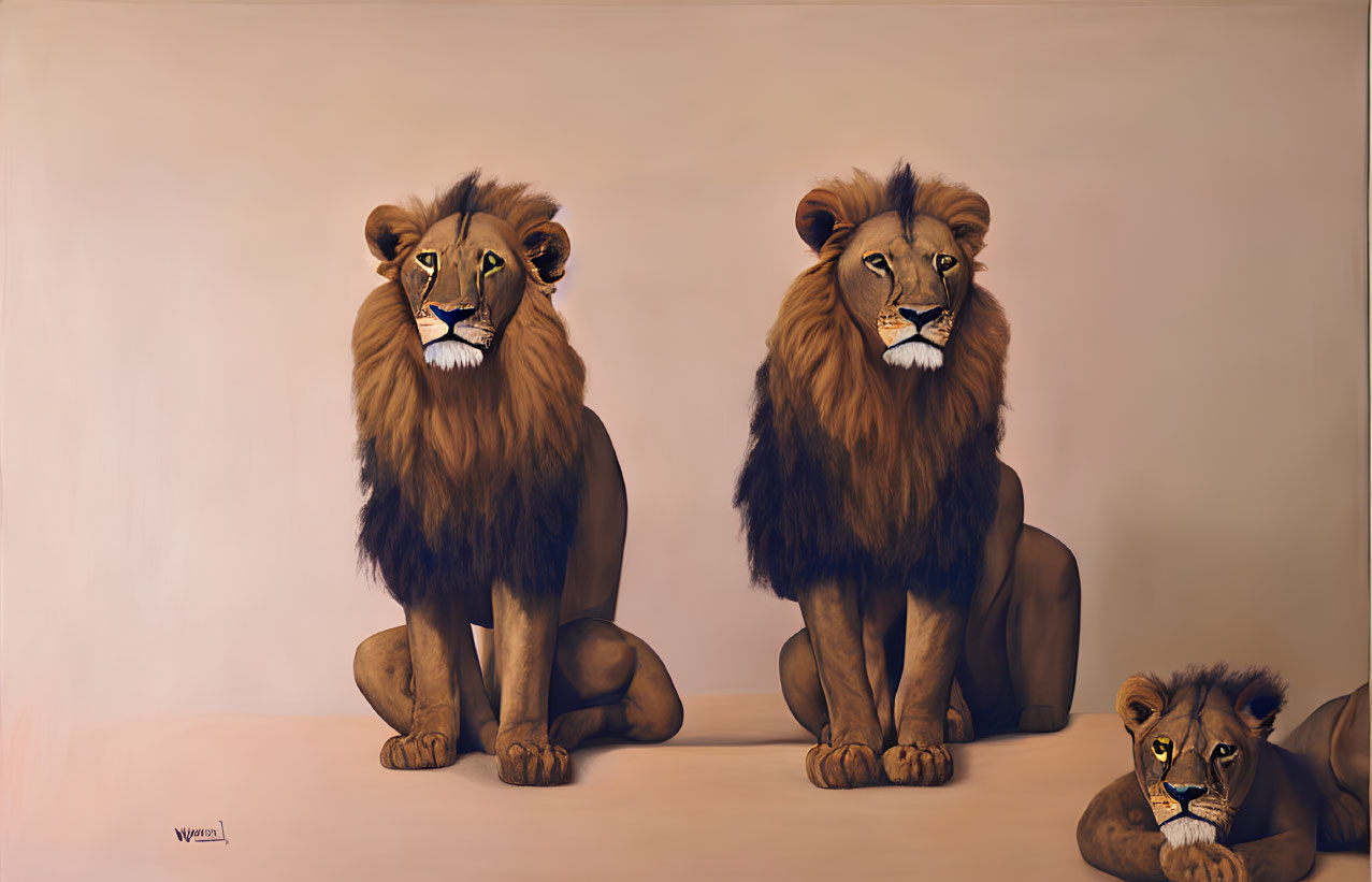 Illustration of two adult lions and one cub in cartoon style with beige background