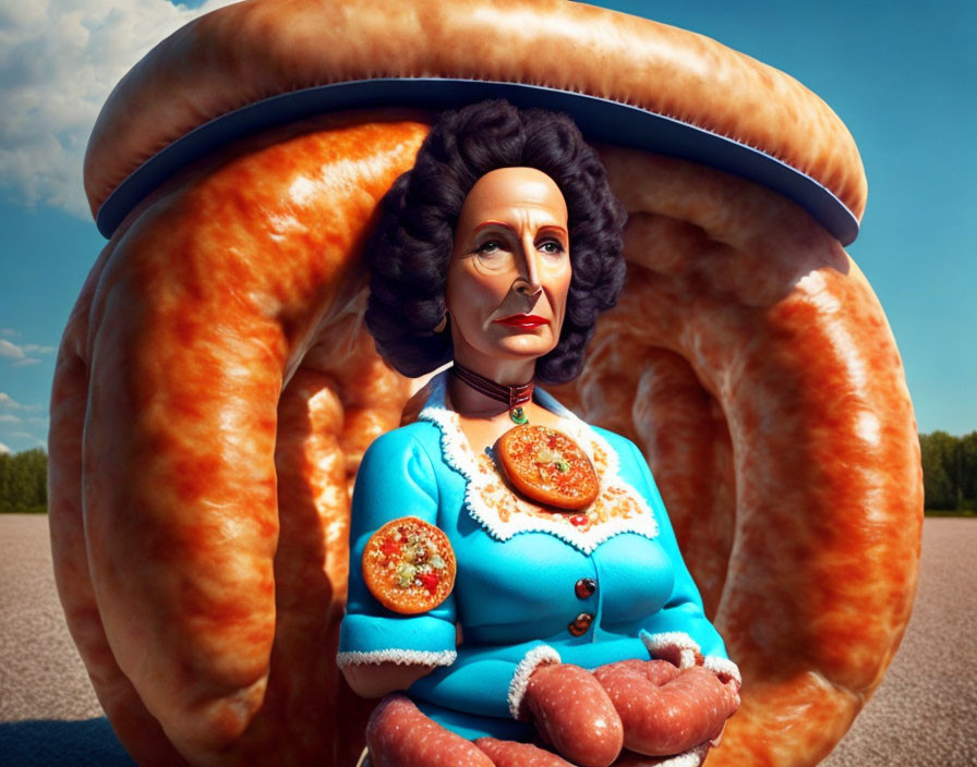 Surreal caricatured woman with oversized sausages under blue sky