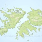 Fantasy map with islands, mountains, forests, villages, and sailing ships