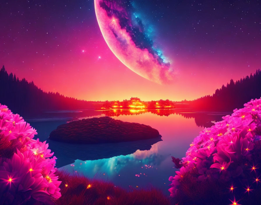 Vibrant digital artwork: Crescent moon, luminous lake, pink flowers, starry sky