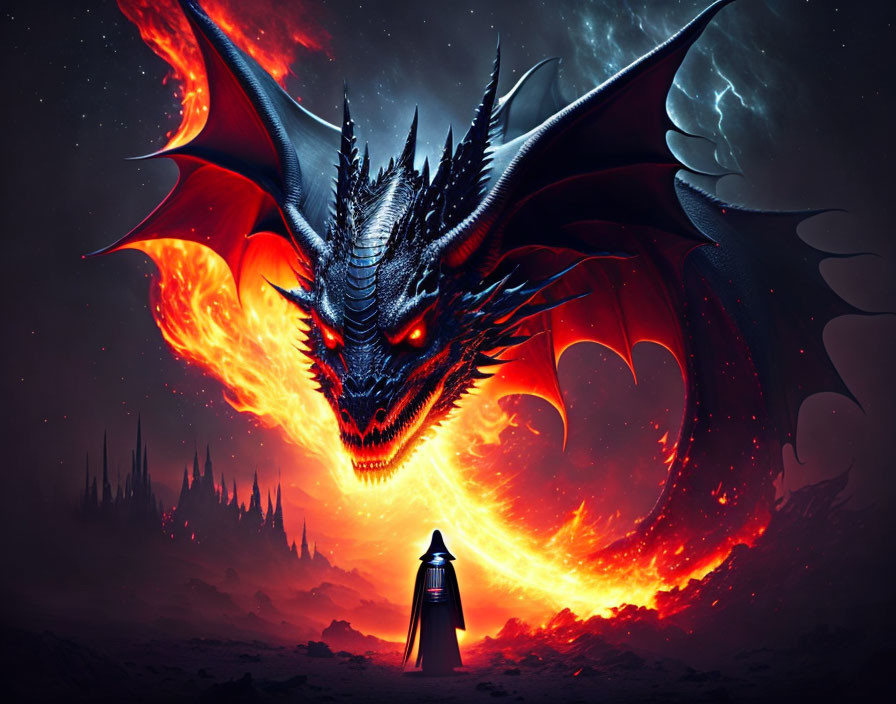 Menacing dragon and cloaked figure in fiery landscape.