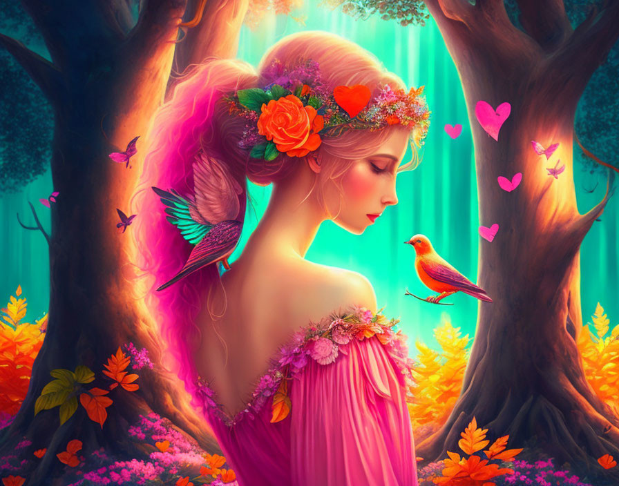 Ethereal woman in pink dress with floral crown surrounded by vibrant nature and birds.