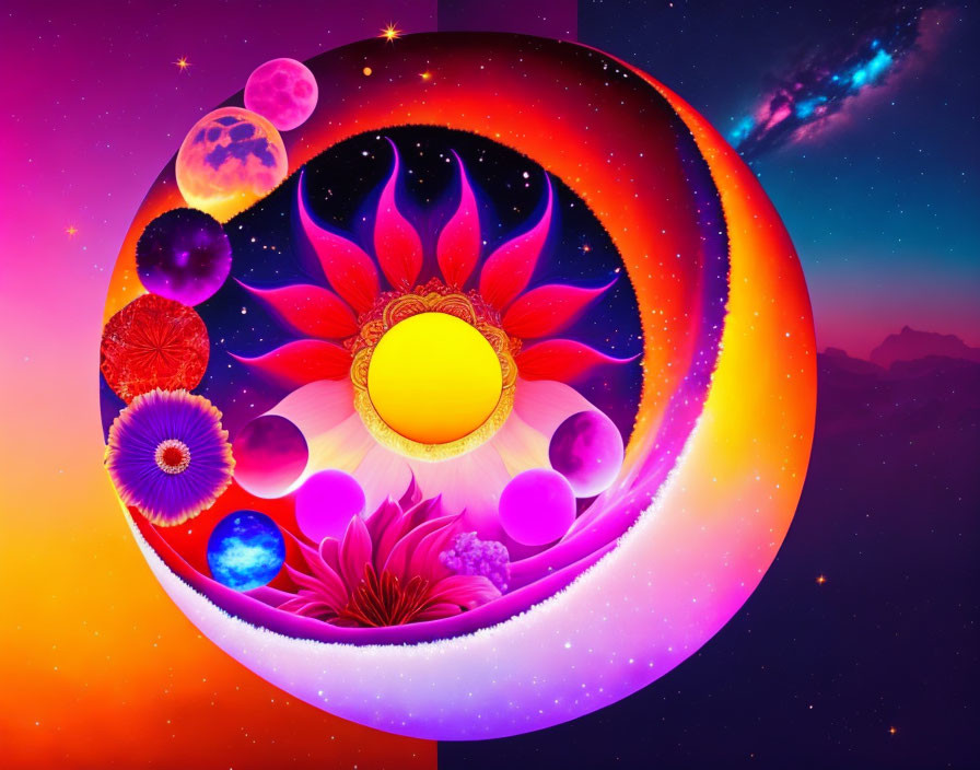 Colorful digital artwork: surreal cosmic loop with flowers, galaxies, celestial bodies