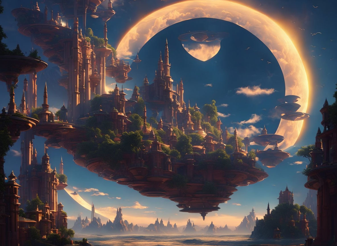 Floating city with towering spires under a celestial ring at sunset