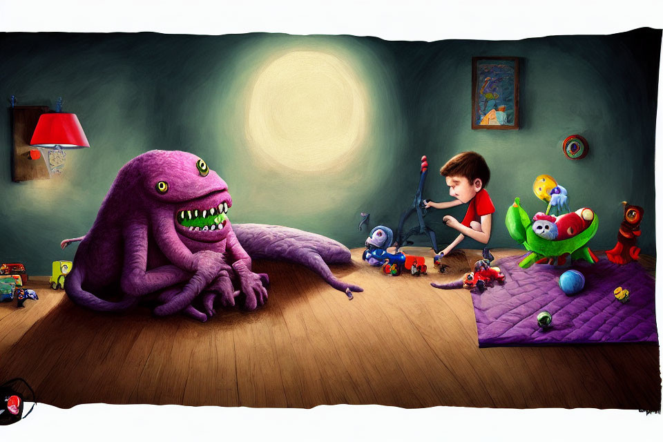 Child in red shirt plays drums with toys and purple monster in whimsical bedroom