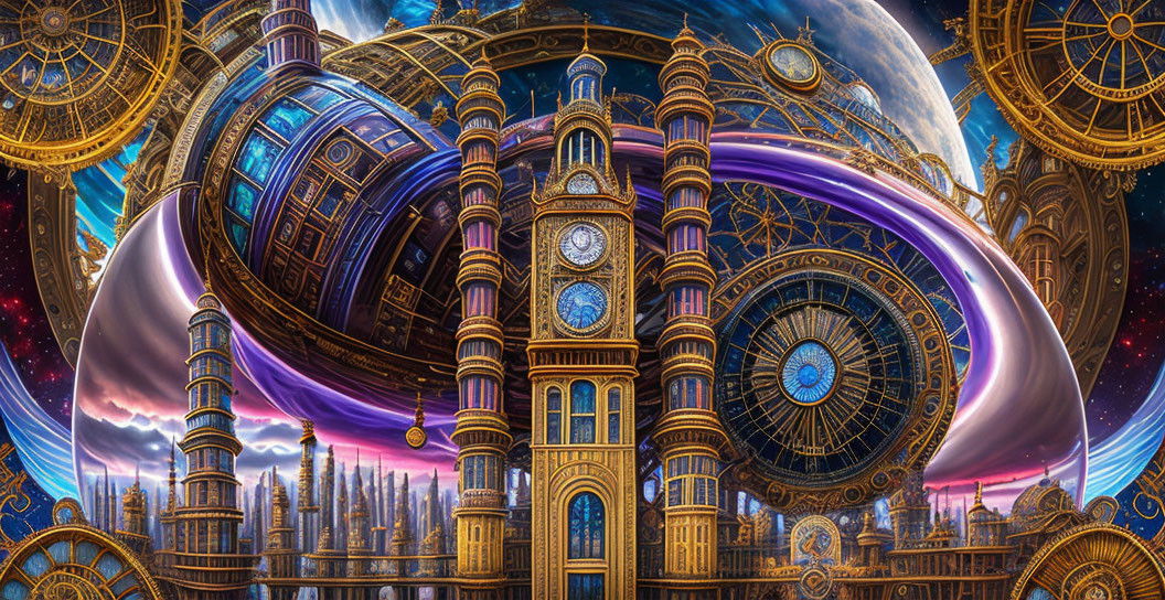 Steampunk-inspired scene with clock towers and cosmic backdrop