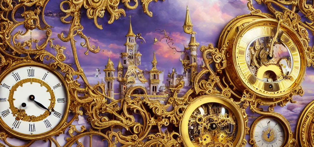 Fantastical scene with golden clocks, gears, castle, and purple sky