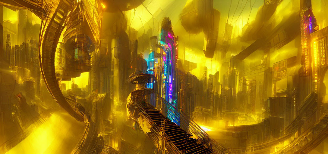 Golden glow futuristic cityscape with skyscrapers and neon lights