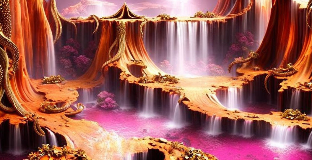 Fantasy landscape with waterfalls, golden structures, pink river, and magical sky