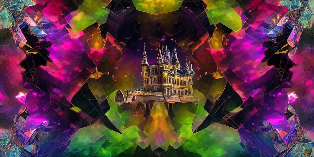 Colorful Castle Surrounded by Multicolored Crystals