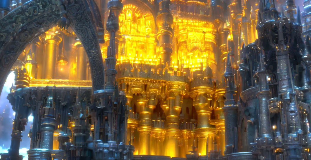 Golden palace with intricate architecture and warm glowing light surrounded by ornate columns and arches