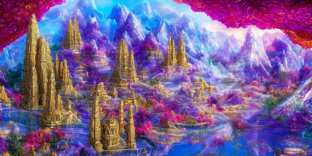 Majestic golden spires in vibrant, fantastical landscape