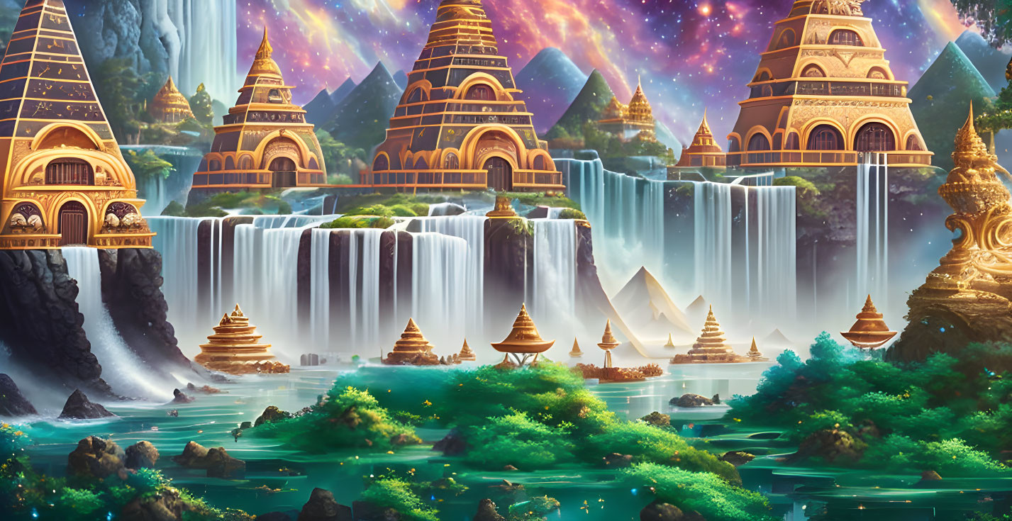 Fantastical landscape with waterfalls, temples, greenery, and starry night.