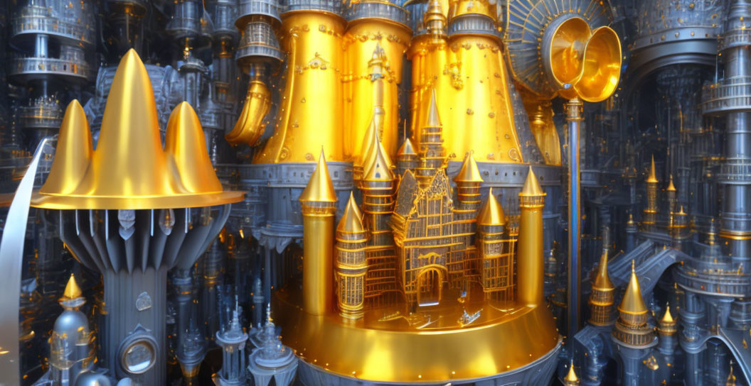 Golden castle surrounded by blue metallic structures with intricate designs under soft glowing light