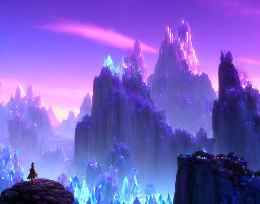 Fantastical landscape with glowing crystal spires and purple sky