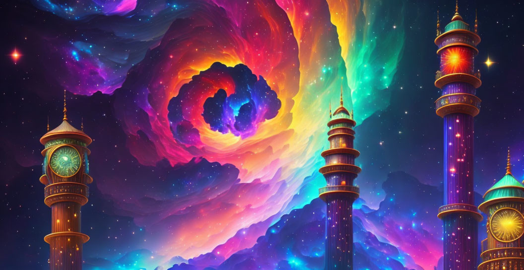 Vibrant cosmic backdrop with fantastical towers and swirling nebulae