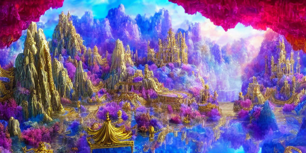 Majestic purple mountains and golden castles in a fantasy landscape