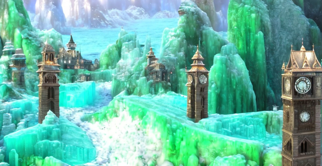 Fantastical icy landscape with frozen waterfalls and structures resembling Big Ben