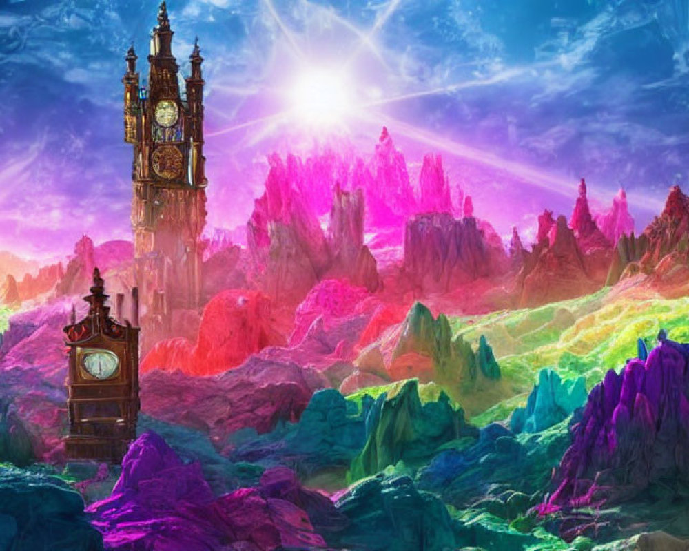 Colorful Crystal Formations and Clock Towers in Surreal Fantasy Landscape