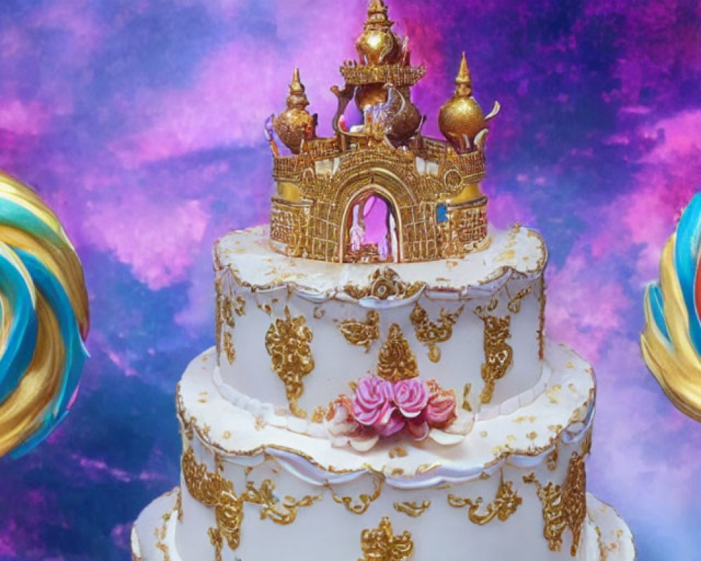 Elegant White Castle Cake with Golden Accents and Colorful Lollipops