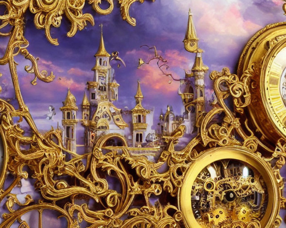 Fantastical scene with golden clocks, gears, castle, and purple sky