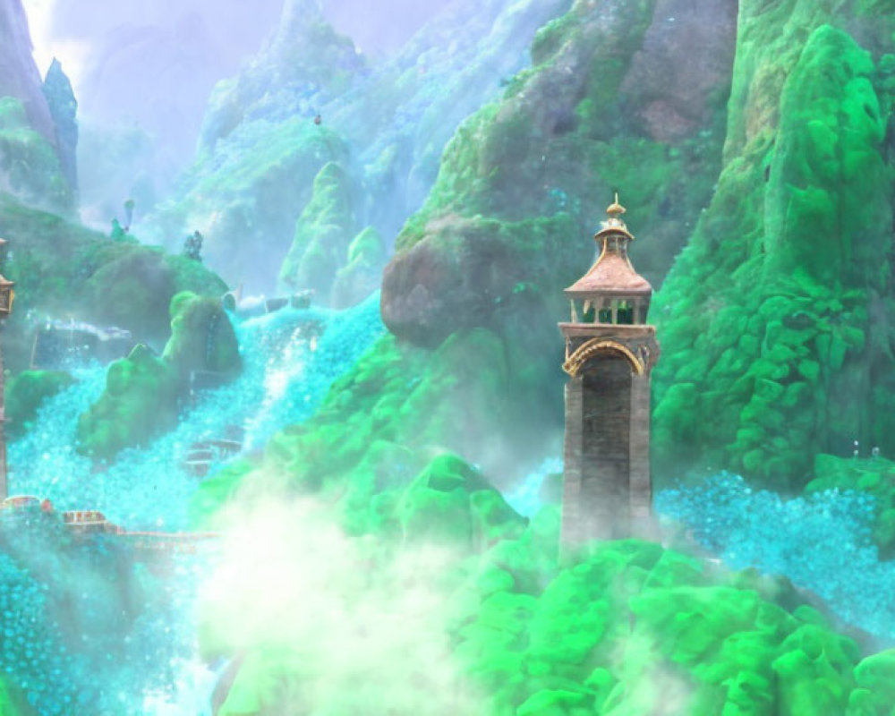 Fantasy landscape: ornate clock towers in lush greenery with mist and mountains