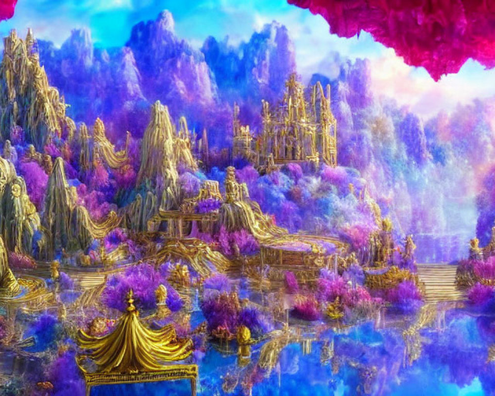 Majestic purple mountains and golden castles in a fantasy landscape