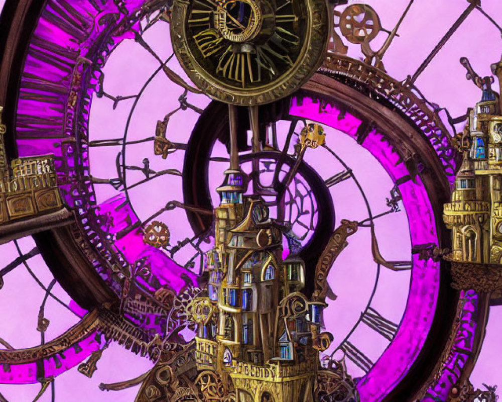 Intricate Steampunk scene with cogwheels and clockwork castle on purple backdrop