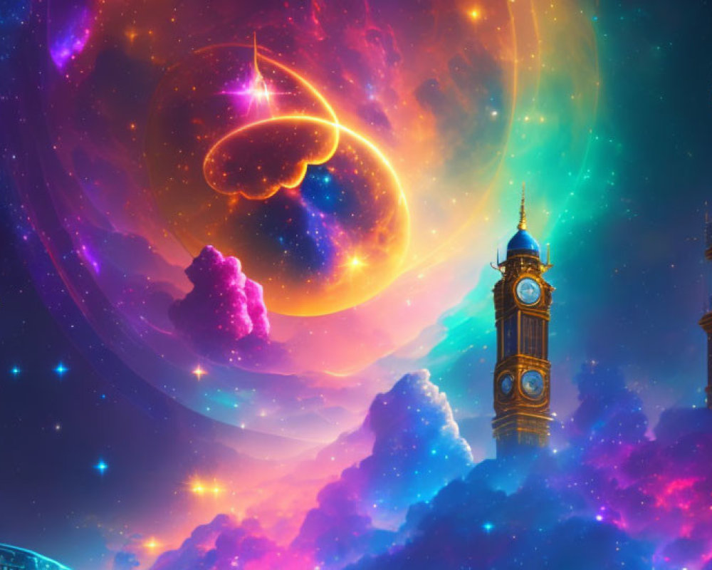 Colorful Clock Tower Artwork Against Cosmic Background