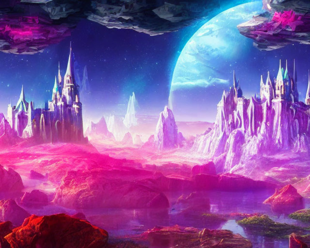 Fantastical dual castles in vibrant landscape with moon, floating rocks, and distant planet.