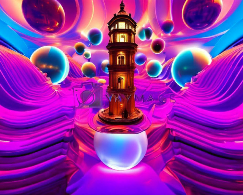 Surreal landscape with central lighthouse, purple waves, floating orbs, colorful sky