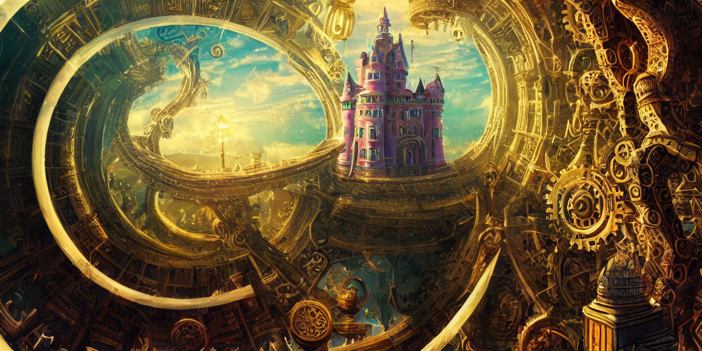 Steampunk landscape with clockwork castle amidst gears and structures