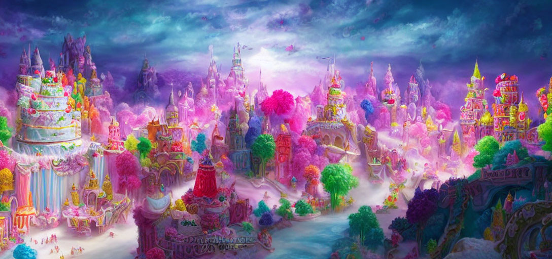 Colorful Dreamlike Castles in Vibrant Fantasy Landscape