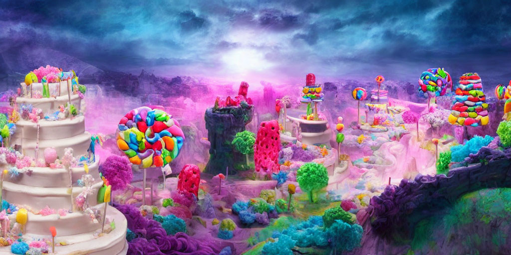 Colorful Candy Landscape with Multi-Tiered Cakes and Lollipops