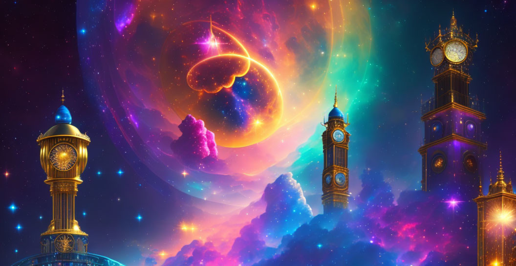 Colorful Clock Tower Artwork Against Cosmic Background