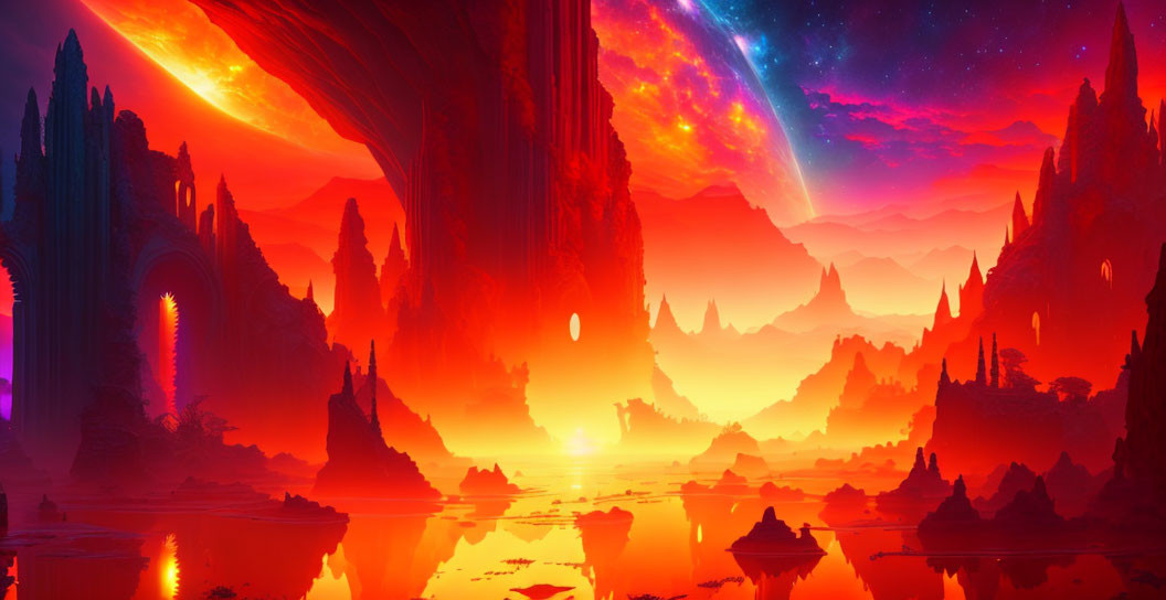 Surreal landscape with towering rock formations under colorful sky