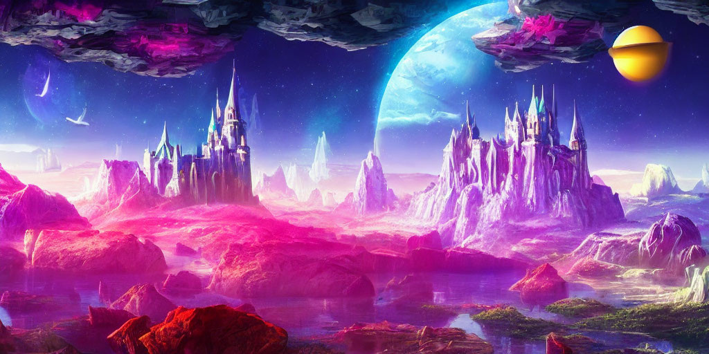 Fantastical dual castles in vibrant landscape with moon, floating rocks, and distant planet.
