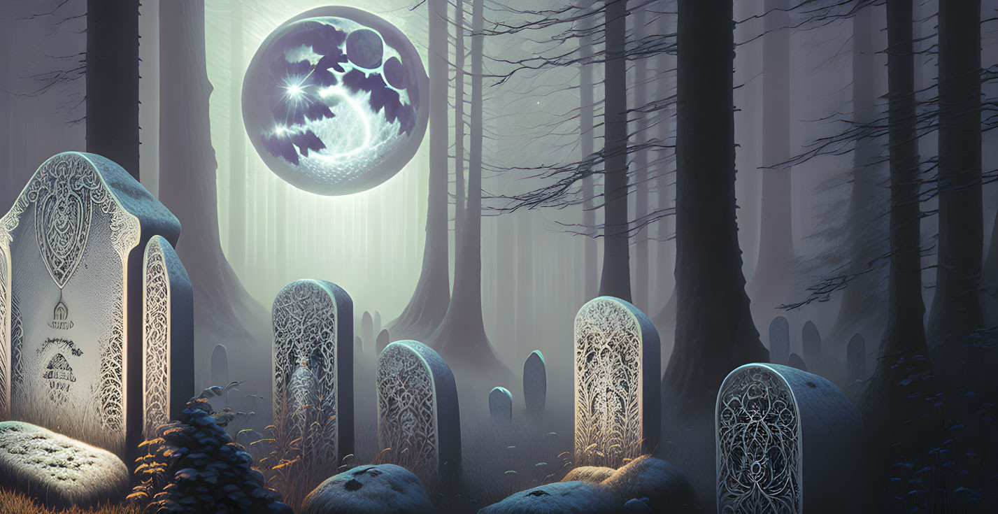 Mystical graveyard in misty forest with ornate tombstones under full moon