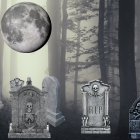 Mystical graveyard in misty forest with ornate tombstones under full moon