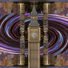 Steampunk-inspired scene with clock towers and cosmic backdrop