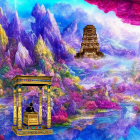 Majestic golden spires in vibrant, fantastical landscape