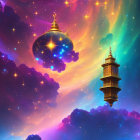 Vibrant cosmic backdrop with fantastical towers and swirling nebulae