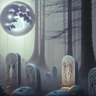 Ethereal forest scene with glowing trees and moon