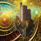 Steampunk landscape with clockwork castle amidst gears and structures