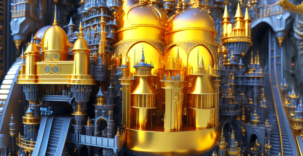 Golden futuristic city with metallic domes and intricate architecture.